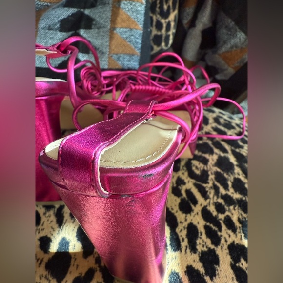 Reitoye Hot Pink High Heeled Sandals with Platform Sole and Strappy Design - Picture 5 of 5